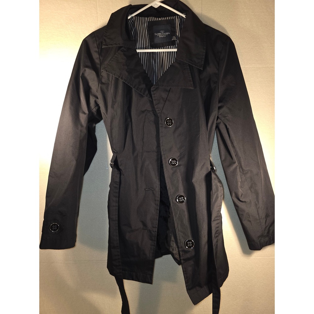 Faded Glory Womens Black Trench Coat Belted Pinstripe Lining Jacket Medium 8-10